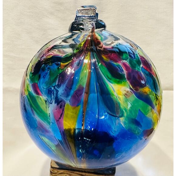 Glass Art Studio Hand Blown  Blue, Yellow, Purple, Green Ornament Size 7”x7” - Picture 2 of 10